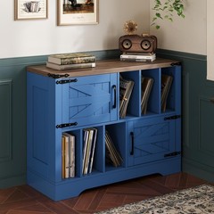 39″ Vinyl Record Storage Stand W/ Doors, Farmhouse Mid-Century Turntable Cabinet
