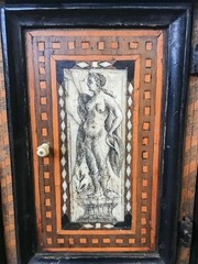 19th c. Italian Marquetry Table Cabinet, Bovine Bone Inlay Roman Figures W/Key