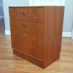 Vintage Teak Cabinet Made in Denmark Three Drawers Sculpted Pulls Lovely Design!