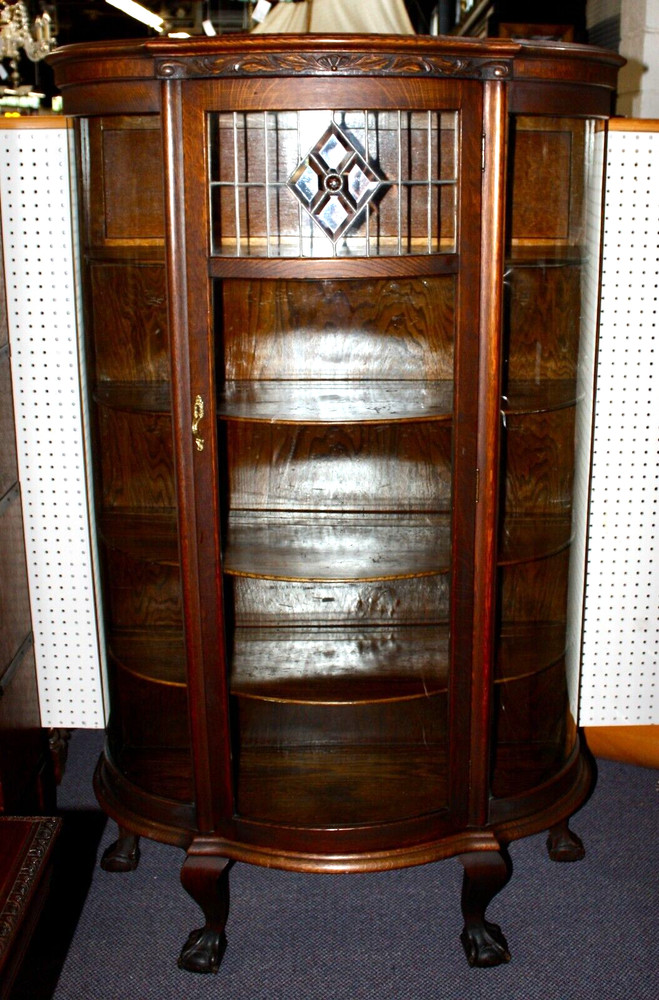 Victorian Carved Wood & Glass Curio Cabinet Leaded Glass Convex Ball & Claw Feet