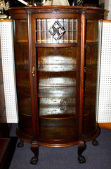 Victorian Carved Wood & Glass Curio Cabinet Leaded Glass Convex Ball & Claw Feet