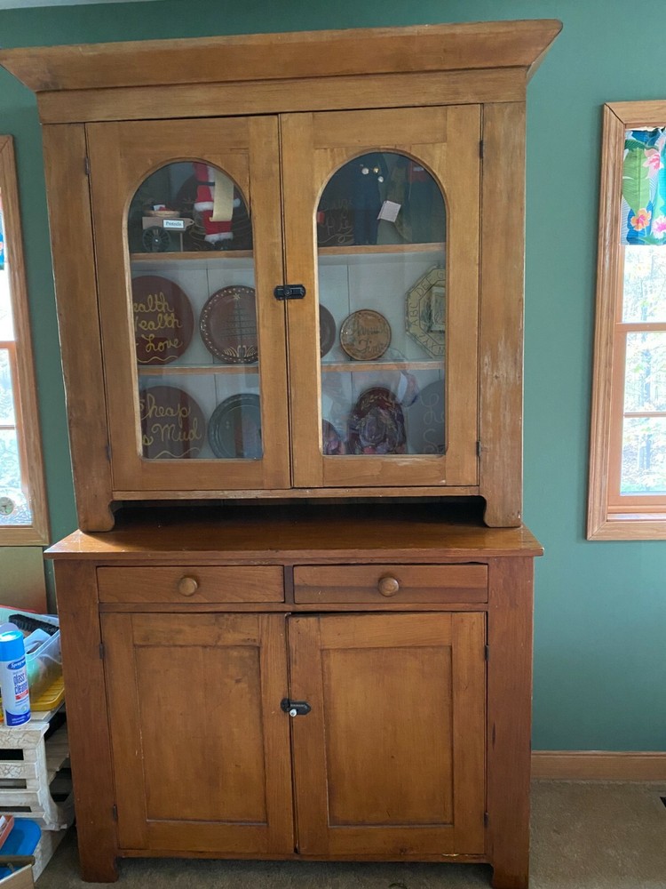 Antique Pine Hutch Cupboard Primitive Cabinet 85 x 48 Two Pieces