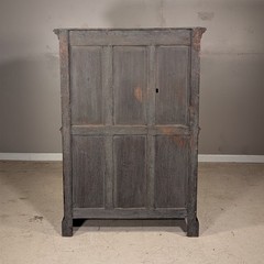 Antique French Gothic Carved Oak Cabinet Stand with Figural Panels Heraldic Door