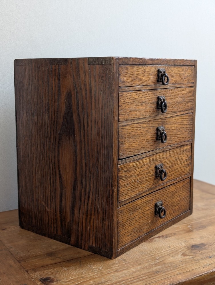 Oak 5 Graduated Drawer Small Cabinet Ceramic Insert Drawers Victorian Antique