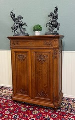 Antique French Double Door Cabinet Cupboard Carved Honey Oak Drawer early 20th