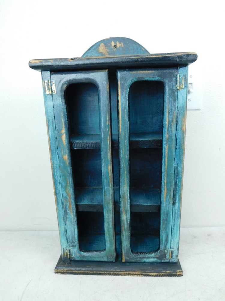 Primitive Charming 2Door Wooden Wall Display Cabinet 21″ T Painted Shabby V Cool
