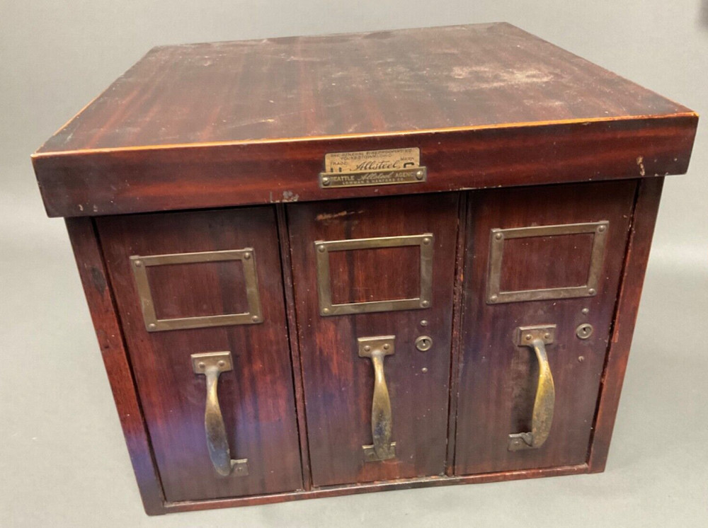 Antique Utility 3 Drawers Card File Cabinet Metal Wood Grain Allsteel Co.