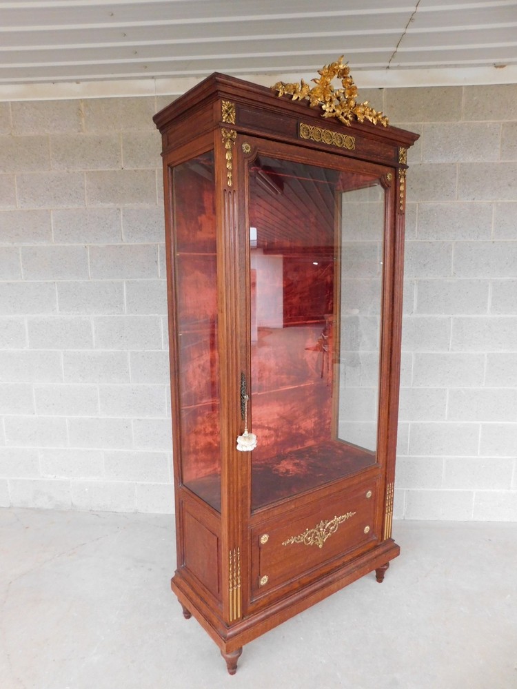 Antique Oak French Louis XVI Style Gilt Bronze Mounted Vitrine Display Cabinet