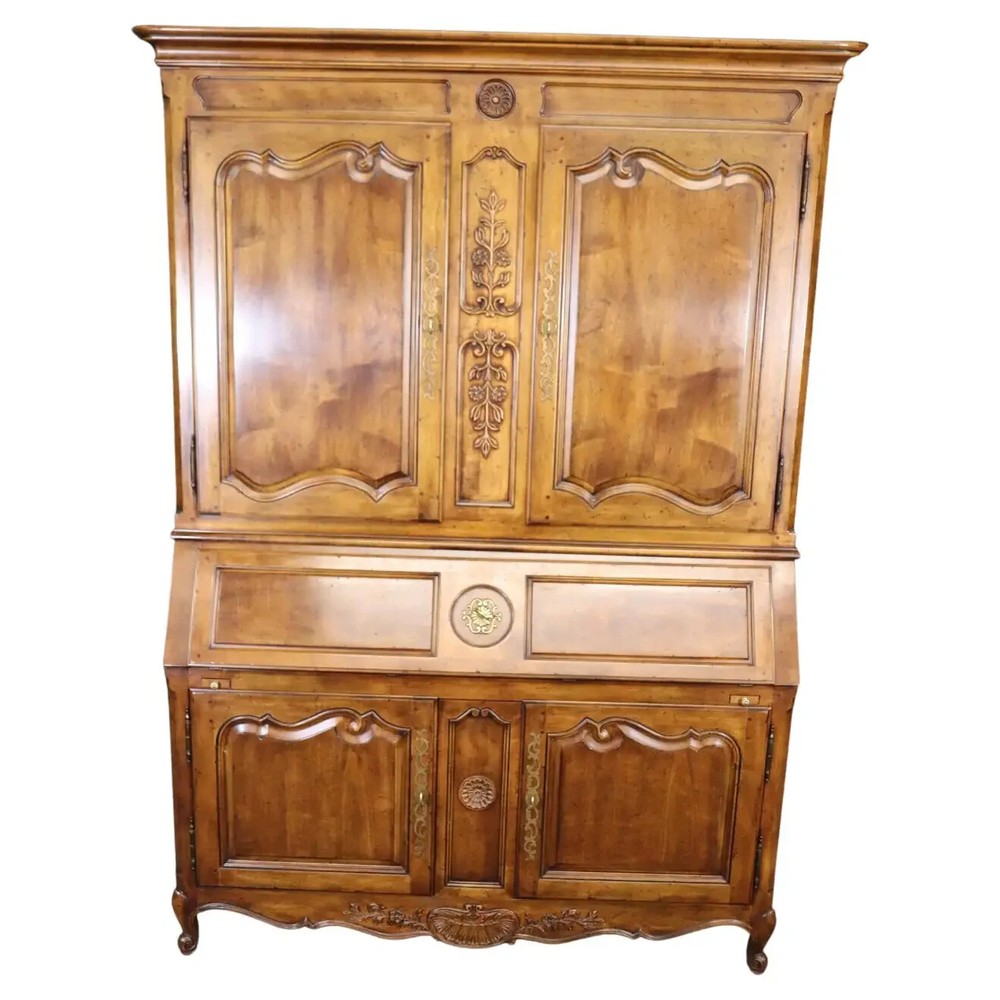 Heredon Country French Carved Walnut Lighted China Cabinet Breakfront with Desk