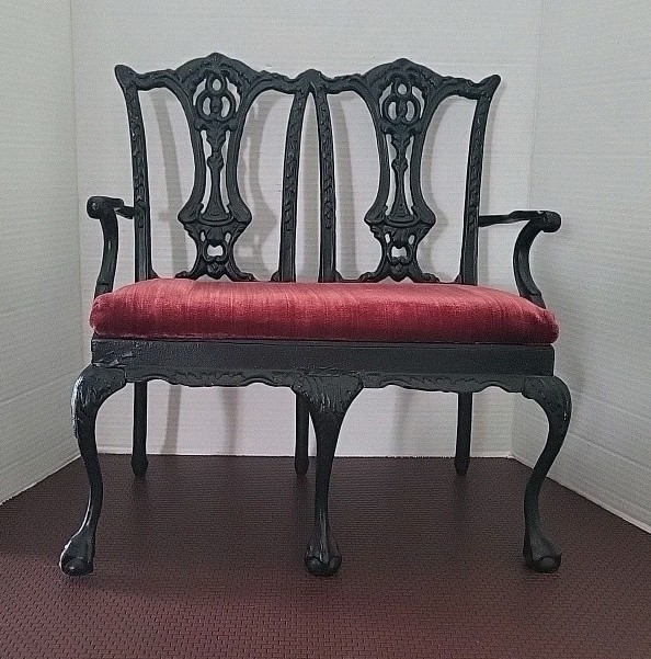 Victorian Chippendale Doll Double Chair, black Iron and red velvet Ball & Claw