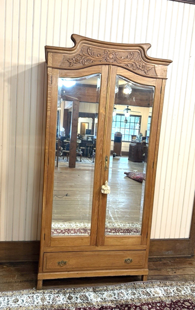 French Antique Carved Oak Art Nouveau 2 Mirrored Door Armoire Circa 1900.
