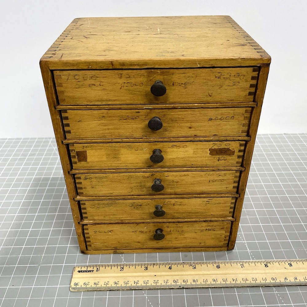 Antique Wood 6-Drawer Parts Cabinet Resistor Organizer Dovetail Knobs Vintage