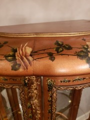 Antique Hand Painted Roses Wooden Curved Glass Curio Cabinet w/ Ormolu Trim