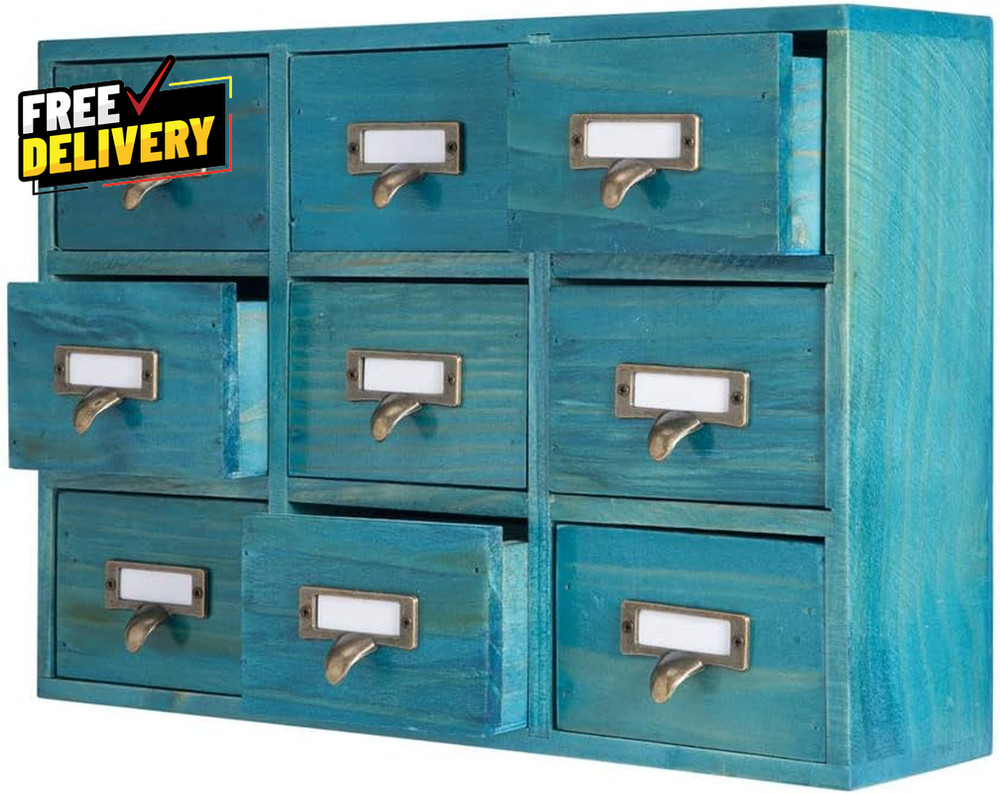 9 Drawers Library Card Catalog Cabinet with Labels Apothecary Cabinet Tabletop..