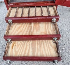Antique Red Painted Oak 3 Drawer Country Hardware Store Display Cabinet, Mirror