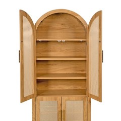 71″ Tall Rattan Cabinet, Arched Doors Adjustable Shelves, Farmhouse Oak