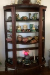 Antique Oak Curio Cabinet Display Stand Shelf No Glass Bow Curved Front Barber