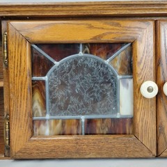 Handmade Oak Wall Cabinet Stained Slag Glass Doors Shelving 32in Cabin Kitchen