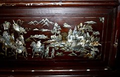 Antique Cabinet Glass Front Hand Carved Asian Motifs & Mother-of-Pearl Designs