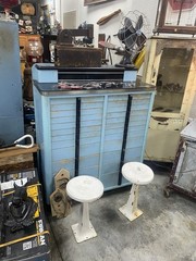 Antique vintage dental medical industrial cabinet, mid-century modern metal blue