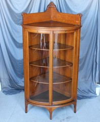 Antique Corner Oak China Cabinet – Sliding Curved Glass Doors
