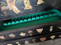 Antique Black Lacquered Wood Cabinet w/ Asian Motif, 2 Doors 2 Drawers 2ft