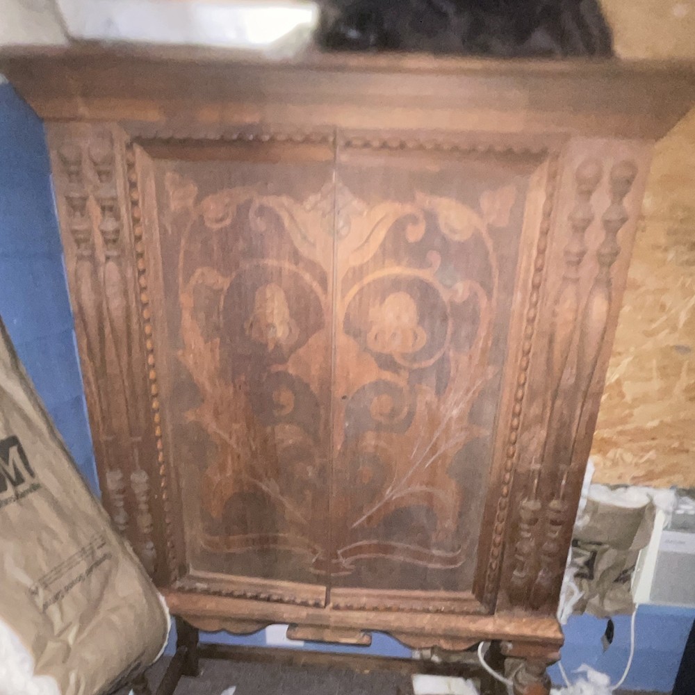 Antique Style Carved Wood Brown Cabinet Raised Panel 2 Hinged Doors Handles