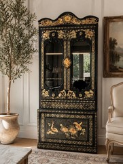 Vintage Korean 1960’s Black Lacquer Chinoiserie Display Cabinet