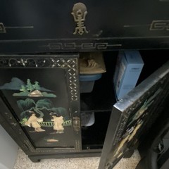 Antique Black Painted Wood 2-Door Hinged Cabinet w/ Asian Scene, 36x20x12