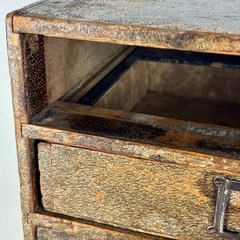 Antique Six Drawers Desktop Office Cabinet With Remnant Embossed Paper Over Wood