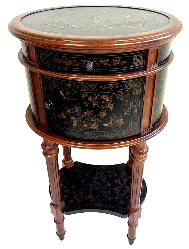 Italian Style Raised Faux Leather Walnut Oval Cabinet / Side Table