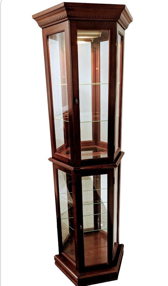 Vintage Pulaski Cherry Lighted Half Hex Curio Cabinet