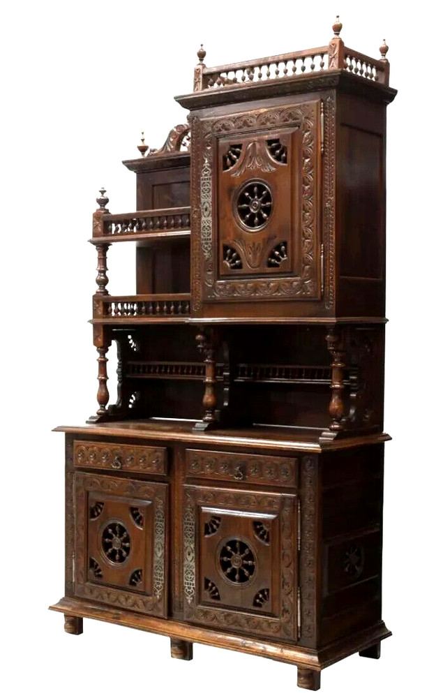 Antique Sideboard, Fine Breton Display, Spindle, Foliate, Shelves, 19th, 1800’s!