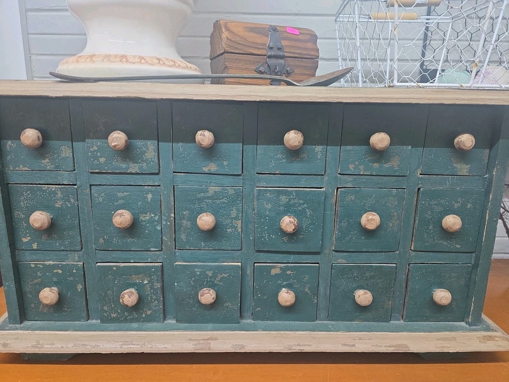 Antique apothecary drawer wood cabinet chest jewelry box tool box green vintage