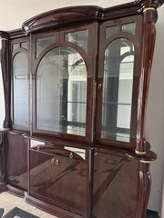 large traditional china cabinet, new, brown, glass upper section