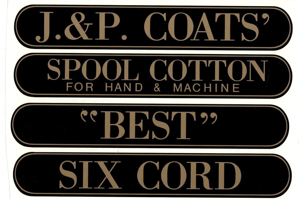 J & P COATS SPOOL CABINET LABEL 4 PIECE SET / Gold on Black 10 1/4 X 1 5/8