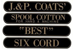 J & P COATS SPOOL CABINET LABEL 4 PIECE SET / Gold on Black 10 1/4 X 1 5/8