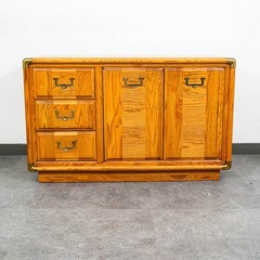 Mid Century Modern Credenza Dresser Cabinet Solid Oak 3 Drawer Wood Brass Trim
