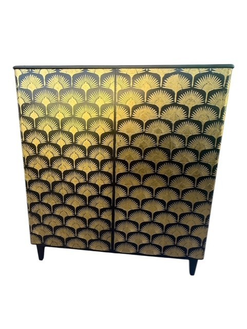 Vintage Scandinavian Linen Cabinet Black Gold Lacquer Mirror Top Attrib Bodafors