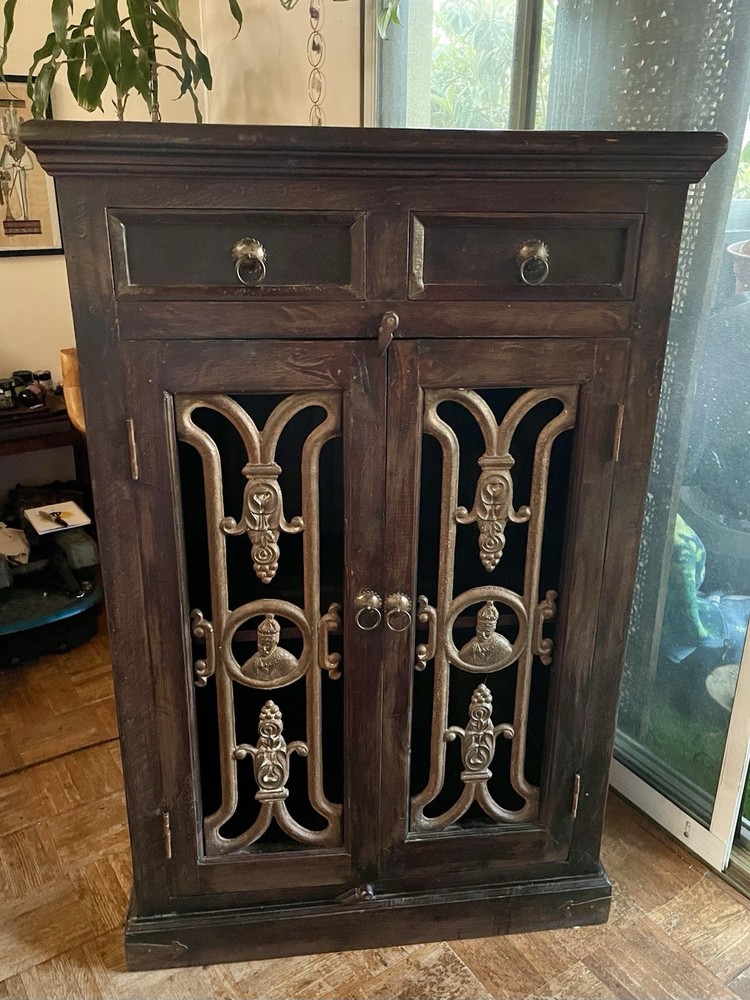 Vintage Wood and Iron Wine Cabinet / Buffet Storage Cabinet