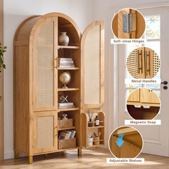 71″ Tall Arched Cabinet with Rattan Doors & Adjustable Shelves, Oak