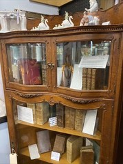 Antique Oak Display Corner Cabinet W/ Beveled Mirror, Serpentine Wave Glass
