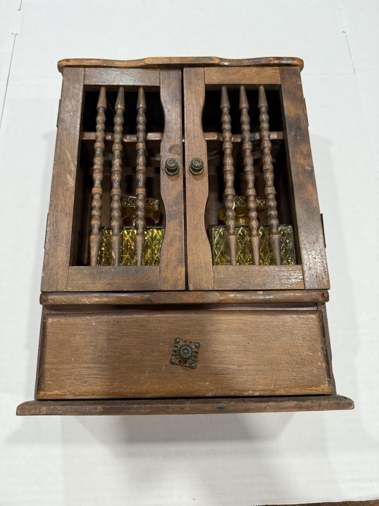 VTG Wood Wall Liquor Cabinet Bar Cabinet Drawer Bottle Rack Early American