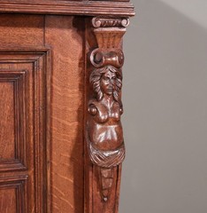 French Antique Renaissance Revival Solid Oak Wood Bar Cabinet with Carvings