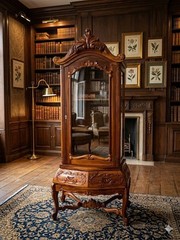 Antique Curio Bombay style Cabinet Carved Wood & Glass 3 Shelves
