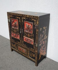 Vintage Oriental Asian Black & Red Hand Painted Lacquer Cabinet Side Table