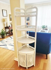 Vintage White Wicker Corner Etagere Cabinet 4 Shelves, Two Door Cabinets Base
