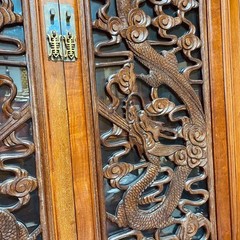 Vintage Rosewood China Cabinet with Carved Oriental Dragons & Asian Glass Doors