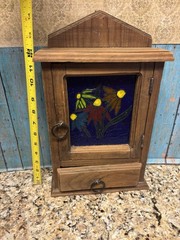 Vintage Wooden Wall Hanging Key Cabinet Painted Glass Floral Design Handmade