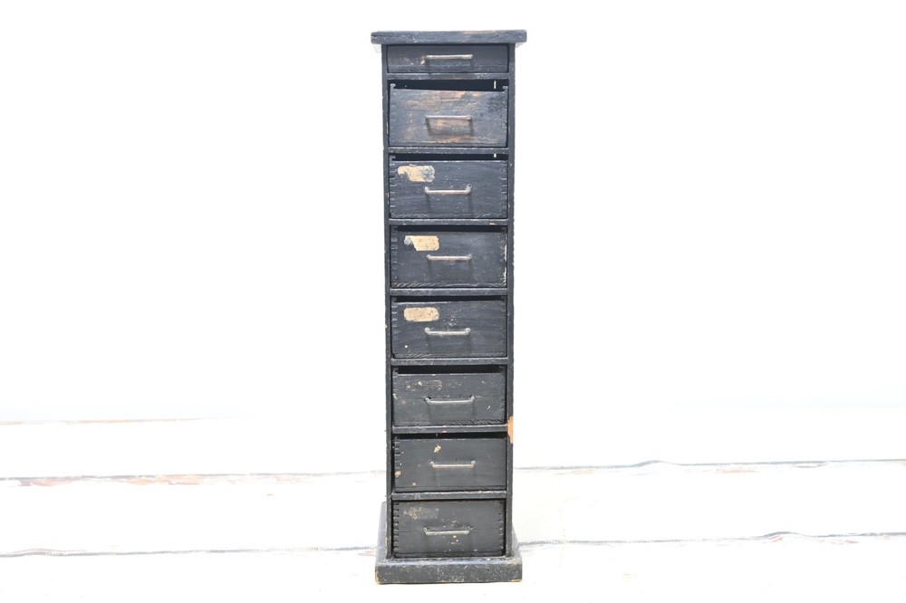 Vintage Primitive Black Wood Apothecary Spice 8 Drawer Wall/Counter Cabinet
